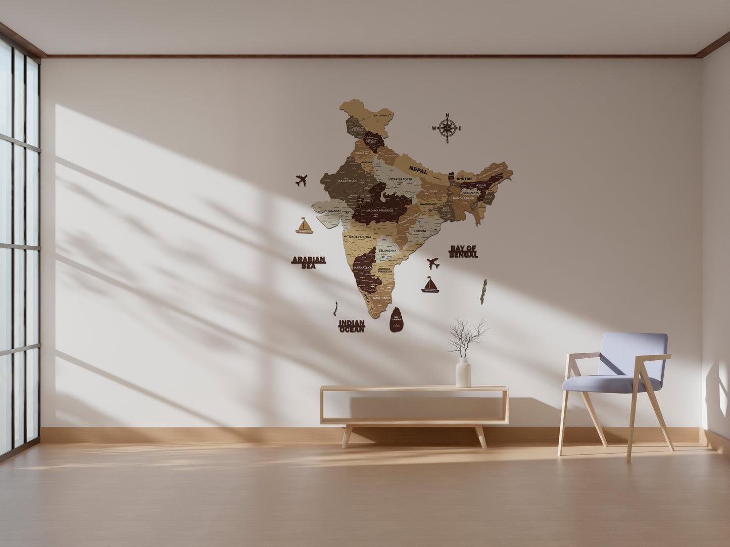 INDIA WOODEN 3D MAP | BROWN INDIA MAP FOR OFFICE | HOME | WALL DECOR IM003