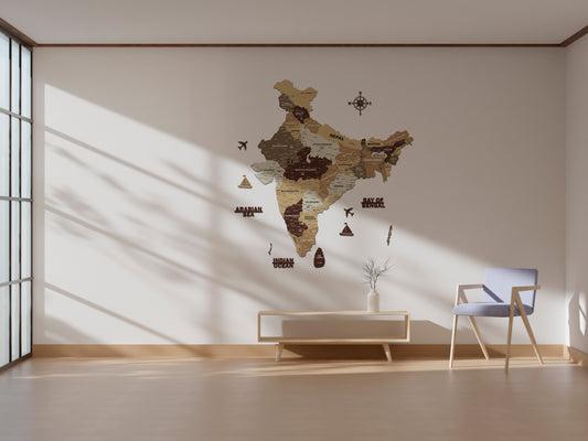 INDIA WOODEN 3D MAP | BROWN INDIA MAP FOR OFFICE | HOME | WALL DECOR IM003