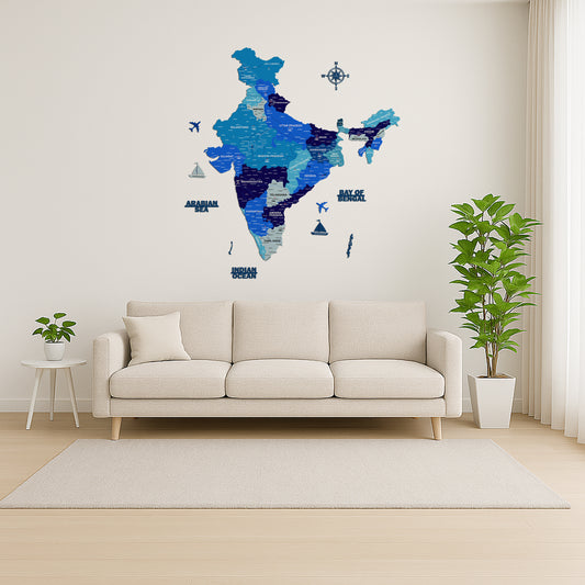 INDIA WOODEN 3D MAP | BLUE INDIA MAP FOR OFFICE | HOME | WALL DECOR IM005