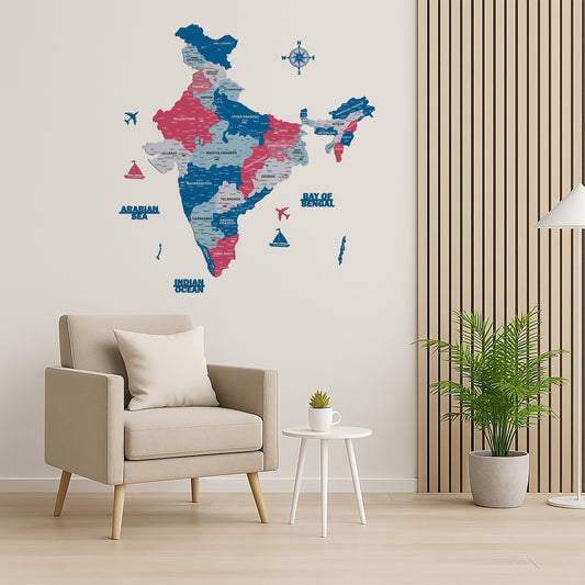 INDIA WOODEN 3D MAP | PINK BLUE MAP FOR OFFICE | HOME | WALL DECOR IM006