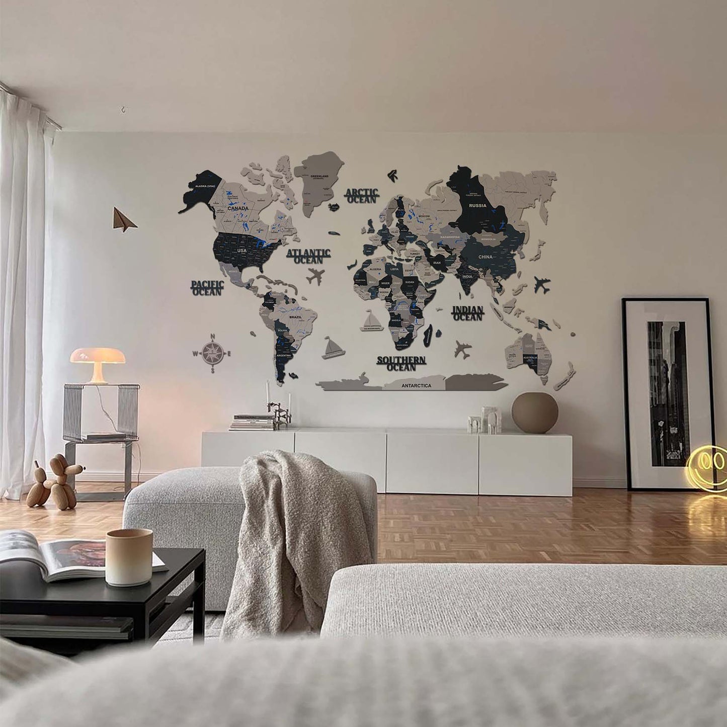 3D OFF WHITE GREY WOODEN WORLD MAP  | BEST FOR TRAVELLER | HOME DECOR WM003