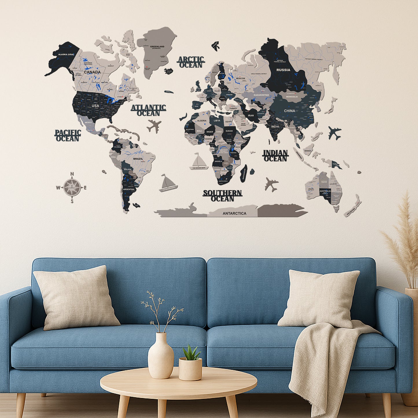 3D OFF WHITE GREY WOODEN WORLD MAP  | BEST FOR TRAVELLER | HOME DECOR WM003
