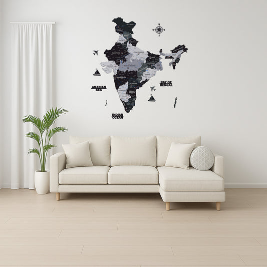 INDIA WOODEN 3D MAP | BLACK AND LIGHT GREY INDIA MAP FOR OFFICE | HOME | WALL DECOR IM002