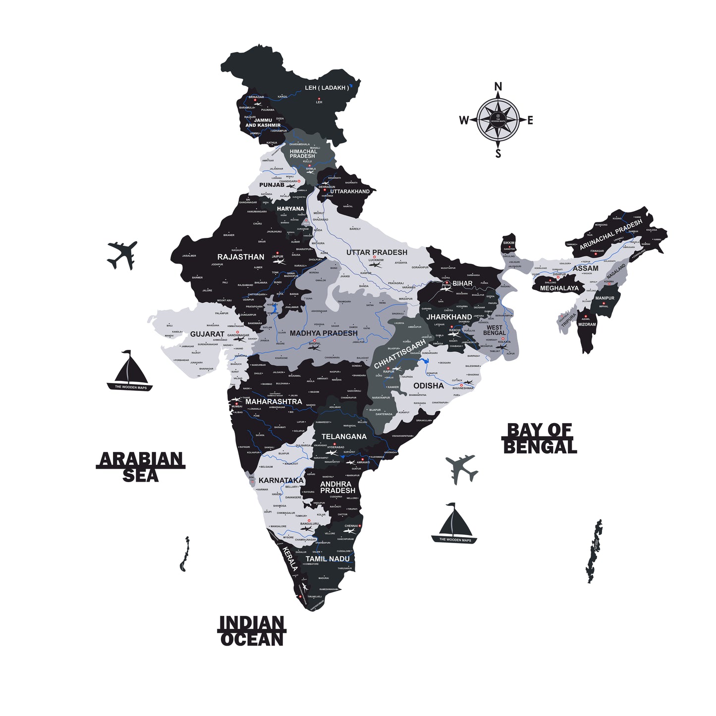 INDIA WOODEN 3D MAP | BLACK AND LIGHT GREY INDIA MAP FOR OFFICE | HOME | WALL DECOR IM002