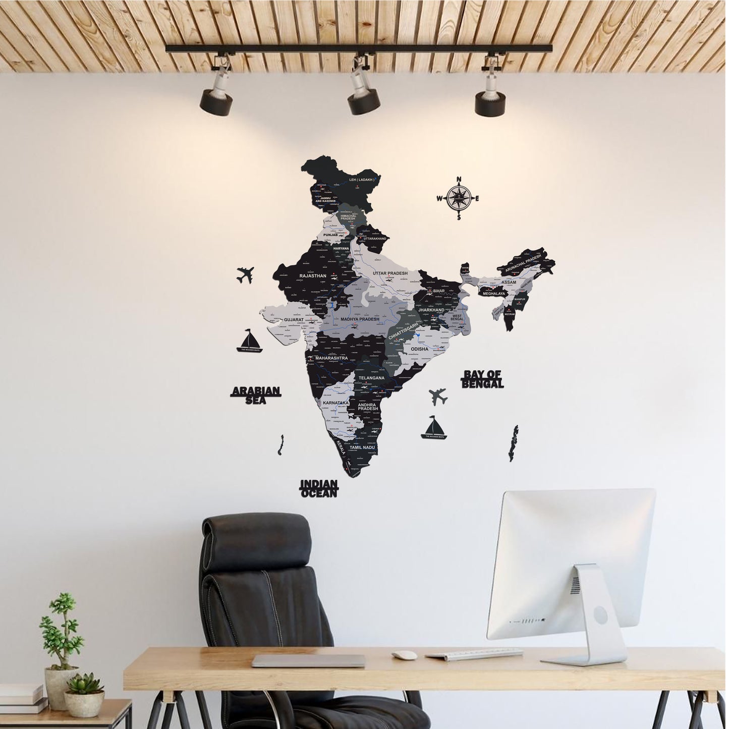 INDIA WOODEN 3D MAP | BLACK AND LIGHT GREY INDIA MAP FOR OFFICE | HOME | WALL DECOR IM002
