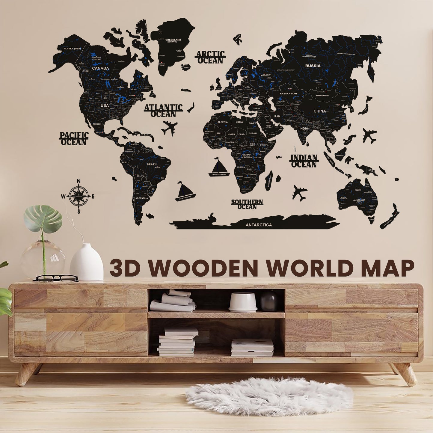 3D BLACK WOODEN WORLD MAP | BEST FOR TRAVELLER | HOME DECOR | WALL DECOR WM004