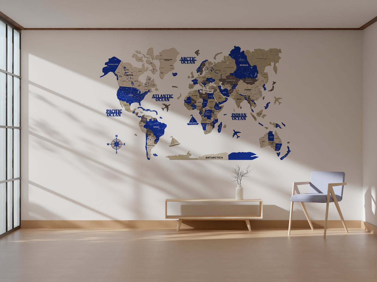 3D BLUE WOODEN WORLD MAP  | BEST FOR TRAVELLER | HOME DECOR | WALL DECOR WM007