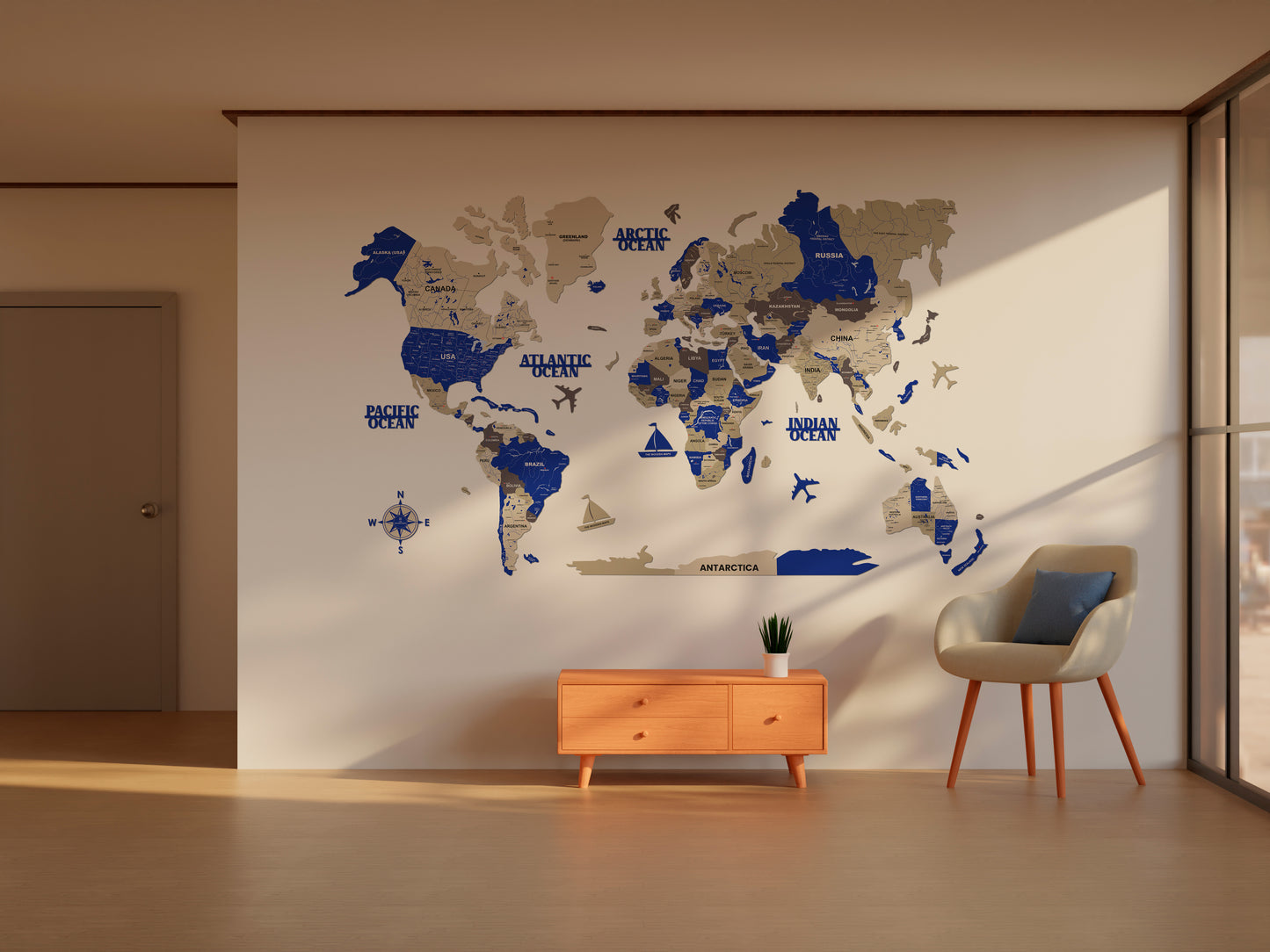 3D BLUE WOODEN WORLD MAP  | BEST FOR TRAVELLER | HOME DECOR | WALL DECOR WM007