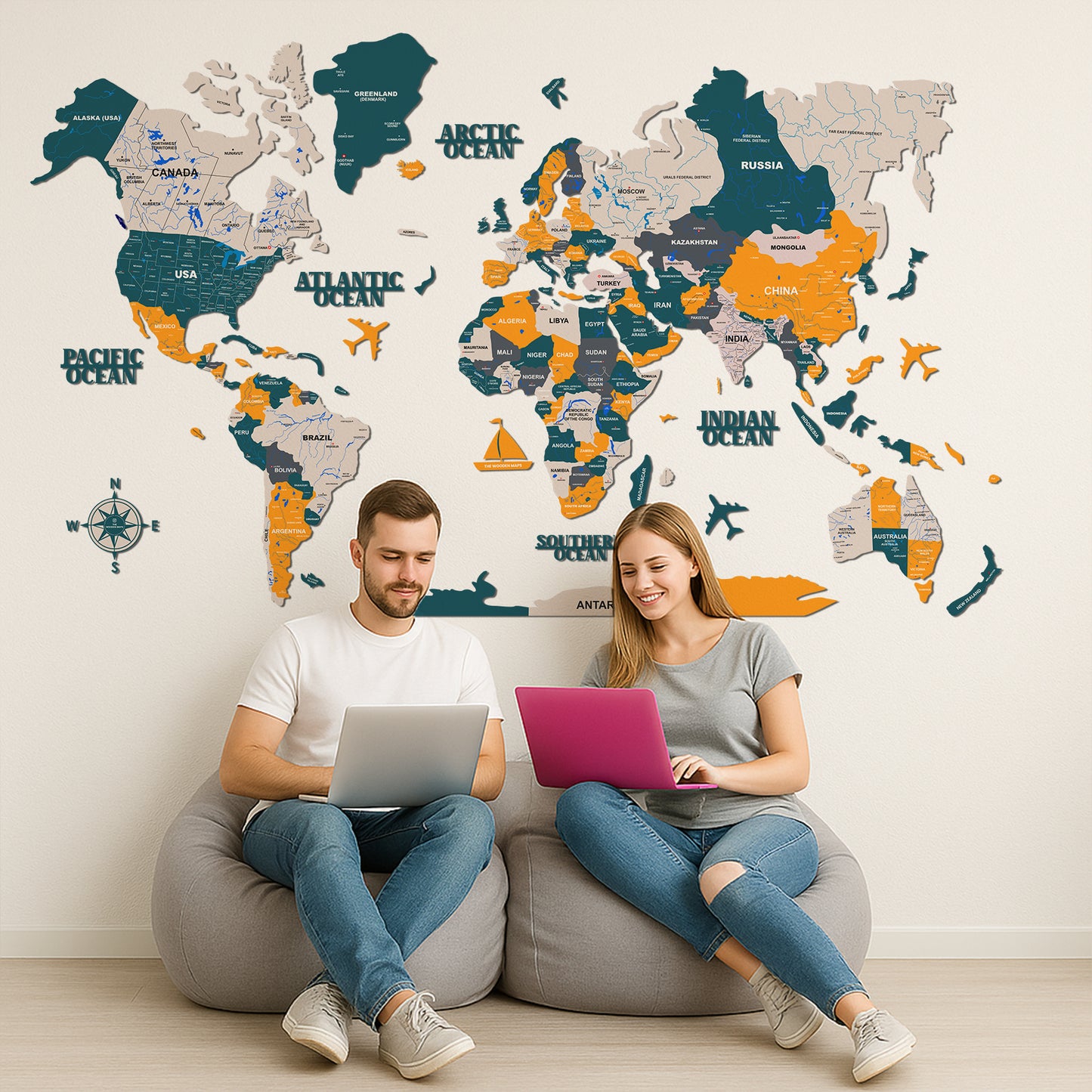 3D DARK GREEN WOODEN WORLD MAP  | BEST FOR TRAVELLER | HOME DECOR WM002