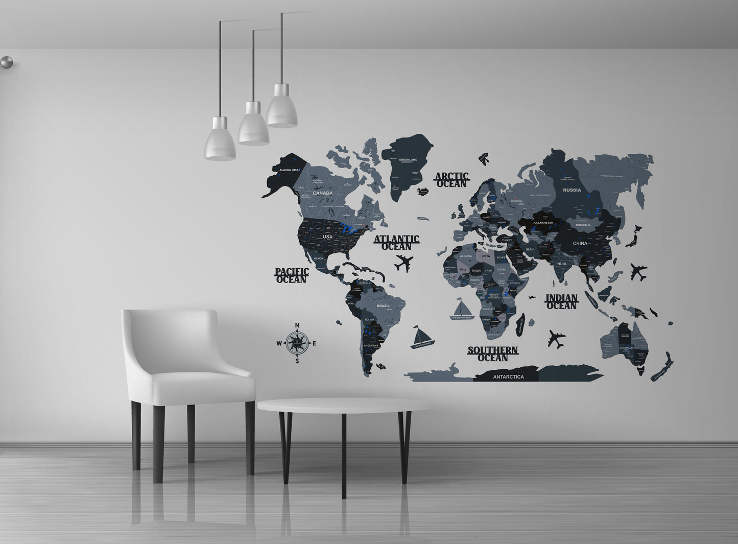 3D GREY BLACK WOODEN WORLD MAP  | BEST FOR TRAVELLER | HOME DECOR | WALL DECOR WM005