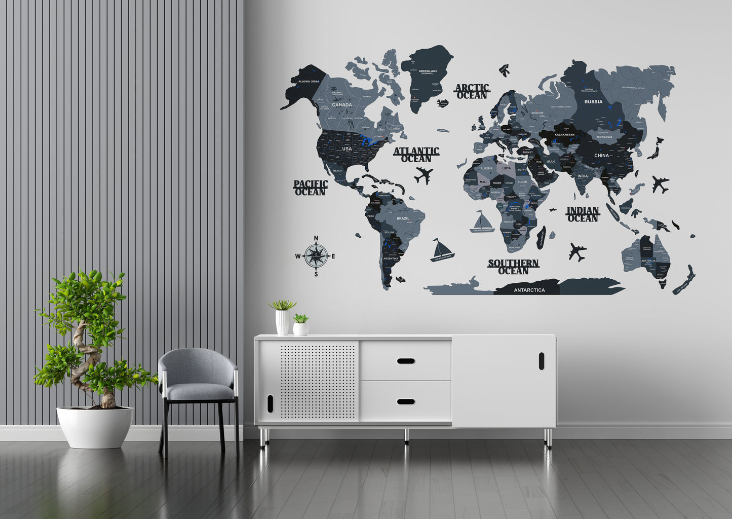 3D GREY BLACK WOODEN WORLD MAP  | BEST FOR TRAVELLER | HOME DECOR | WALL DECOR WM005