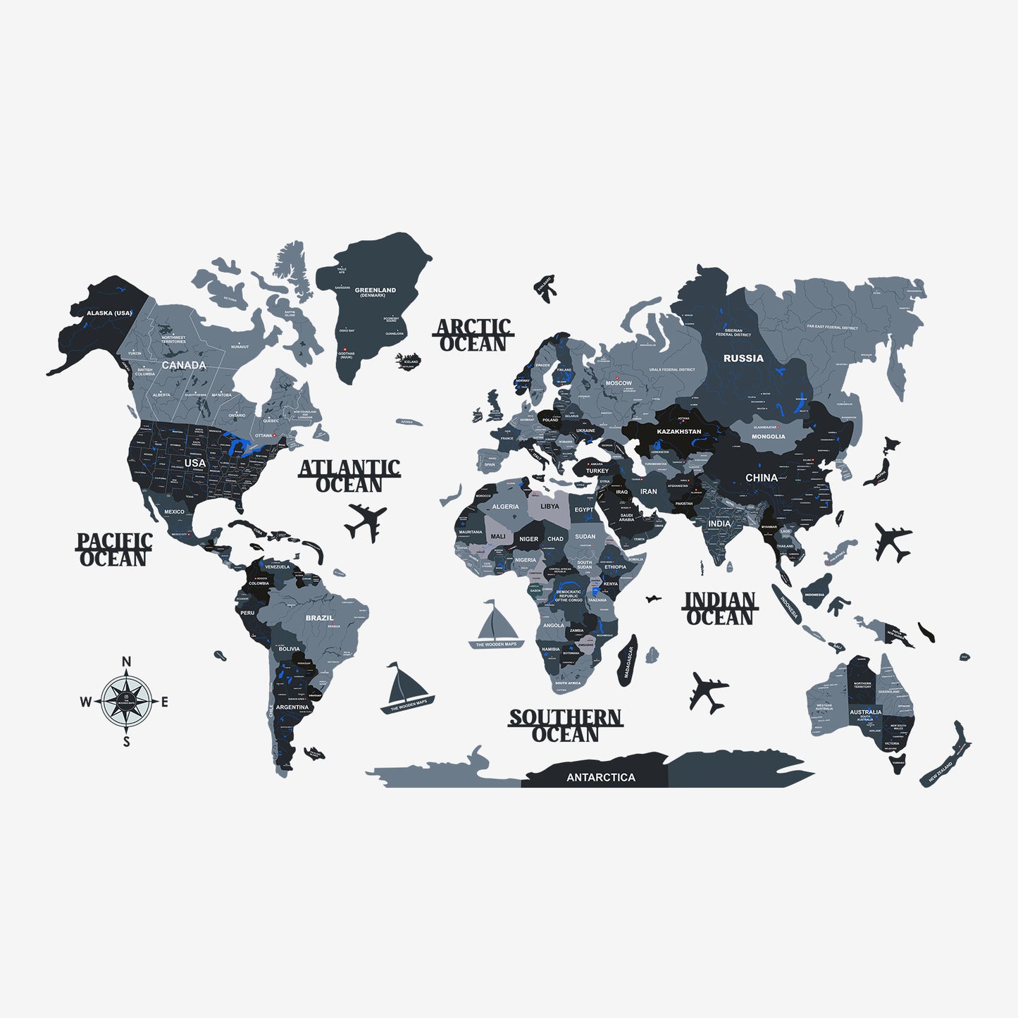 3D GREY BLACK WOODEN WORLD MAP  | BEST FOR TRAVELLER | HOME DECOR | WALL DECOR WM005