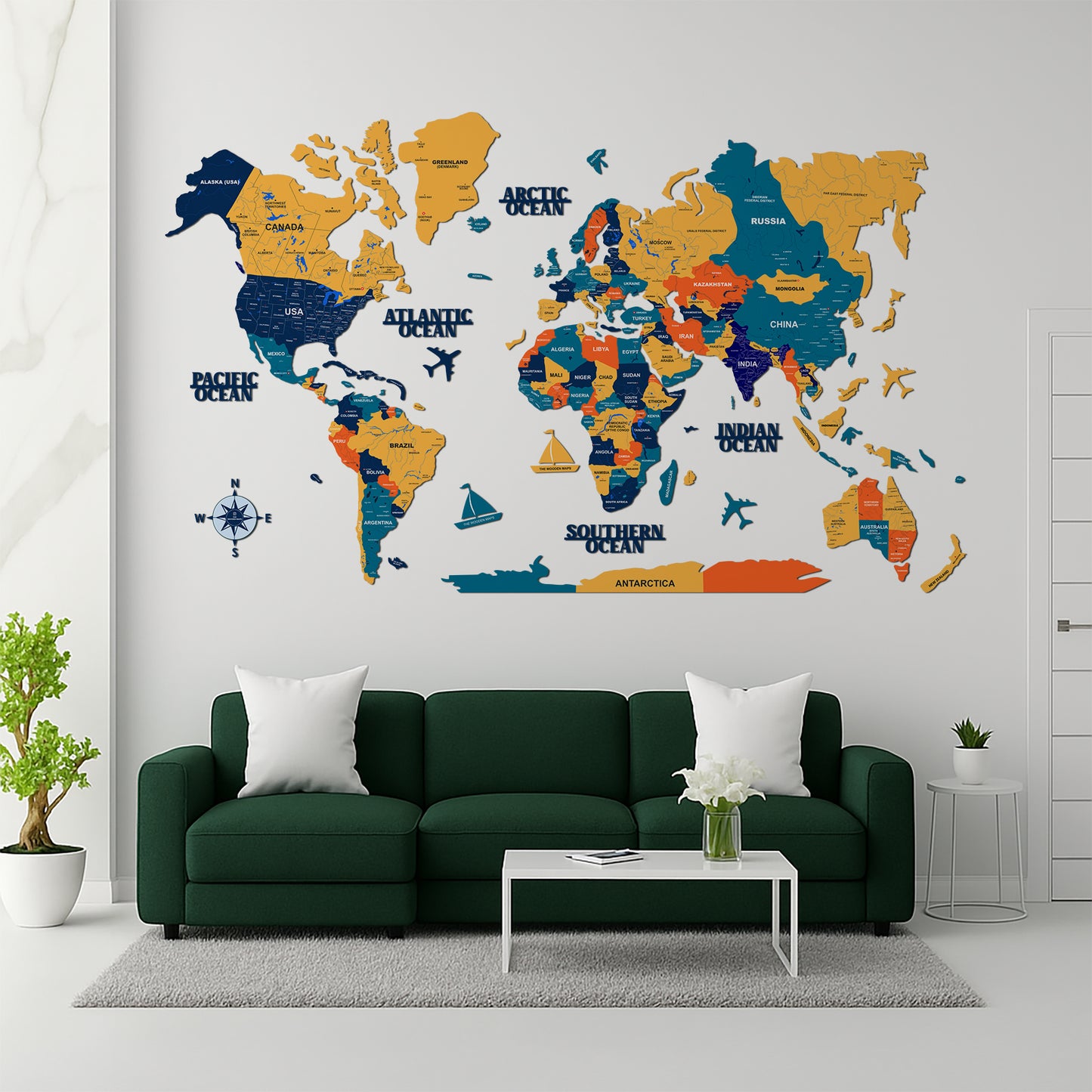 3D YELLOW GREEN WOODEN WORLD MAP  | BEST FOR TRAVELLER | HOME DECOR | WALL DECOR WM001