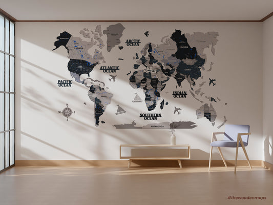 3D OFF WHITE GREY WOODEN WORLD MAP  | BEST FOR TRAVELLER | HOME DECOR WM003