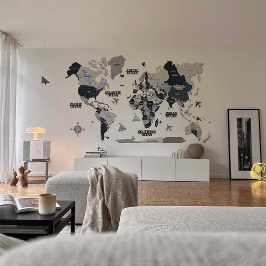 3D OFF WHITE GREY WOODEN WORLD MAP  | BEST FOR TRAVELLER | HOME DECOR WM003