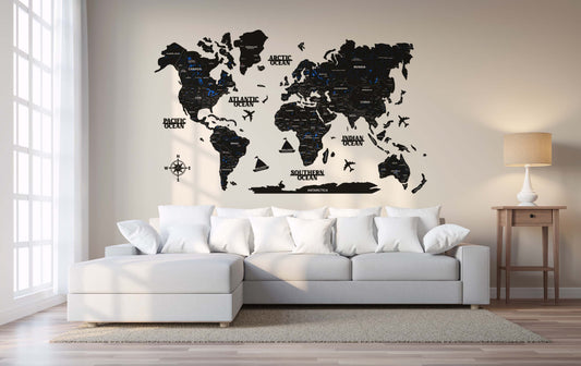 3D BLACK WOODEN WORLD MAP  | BEST FOR TRAVELLER | HOME DECOR | WALL DECOR WM004