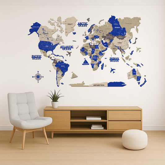 3D BLUE WOODEN WORLD MAP  | BEST FOR TRAVELLER | HOME DECOR | WALL DECOR WM007