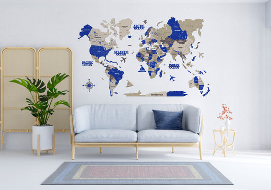 3D BLUE WOODEN WORLD MAP  | BEST FOR TRAVELLER | HOME DECOR | WALL DECOR WM007