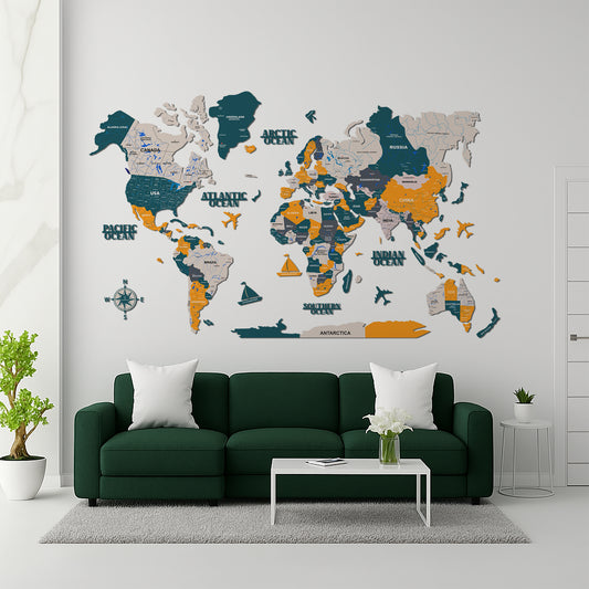3D DARK GREEN WOODEN WORLD MAP  | BEST FOR TRAVELLER | HOME DECOR WM002