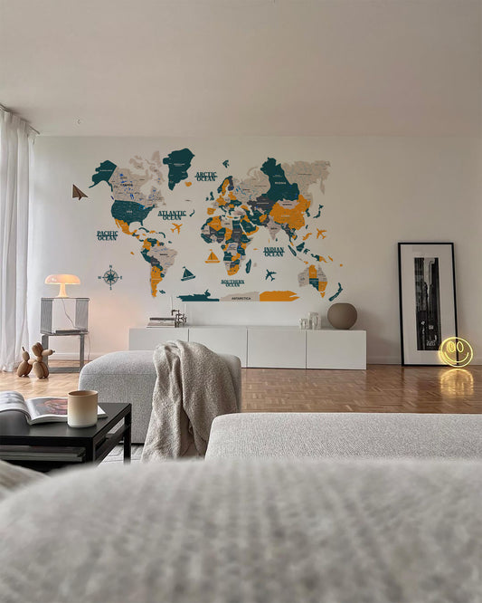 3D DARK GREEN WOODEN WORLD MAP  | BEST FOR TRAVELLER | HOME DECOR WM002