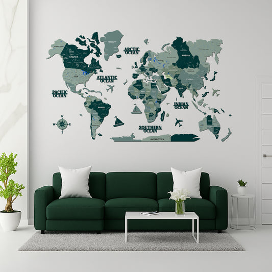 3D DARK GREEN WOODEN WORLD MAP  | BEST FOR TRAVELLER | HOME DECOR | WALL DECOR WM006