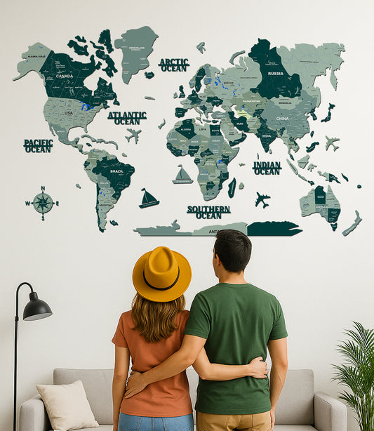 3D DARK GREEN WOODEN WORLD MAP  | BEST FOR TRAVELLER | HOME DECOR | WALL DECOR WM006