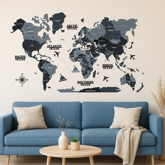 3D GREY BLACK WOODEN WORLD MAP  | BEST FOR TRAVELLER | HOME DECOR | WALL DECOR WM005