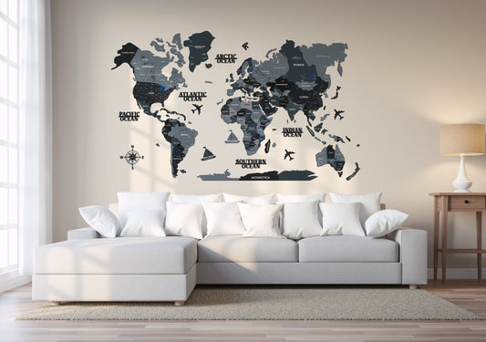 3D GREY BLACK WOODEN WORLD MAP  | BEST FOR TRAVELLER | HOME DECOR | WALL DECOR WM005