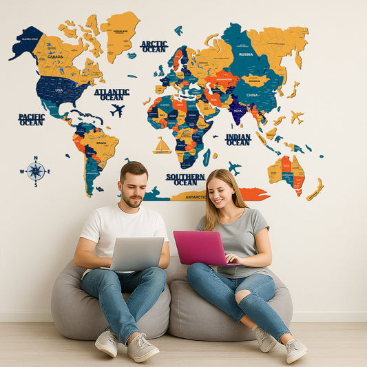 3D YELLOW GREEN WOODEN WORLD MAP  | BEST FOR TRAVELLER | HOME DECOR | WALL DECOR WM001