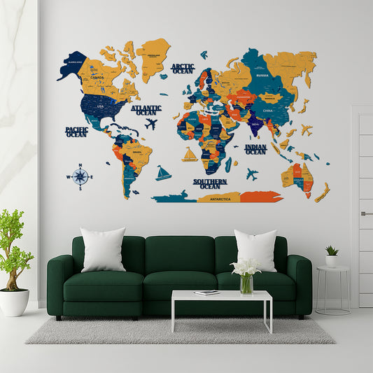 3D YELLOW GREEN WOODEN WORLD MAP  | BEST FOR TRAVELLER | HOME DECOR | WALL DECOR WM001